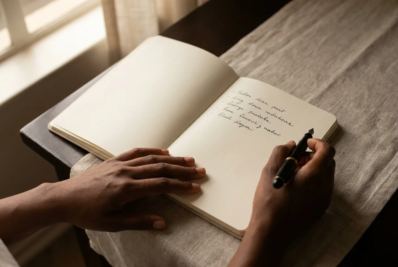 Hands writing notes in a journal during a coaching session