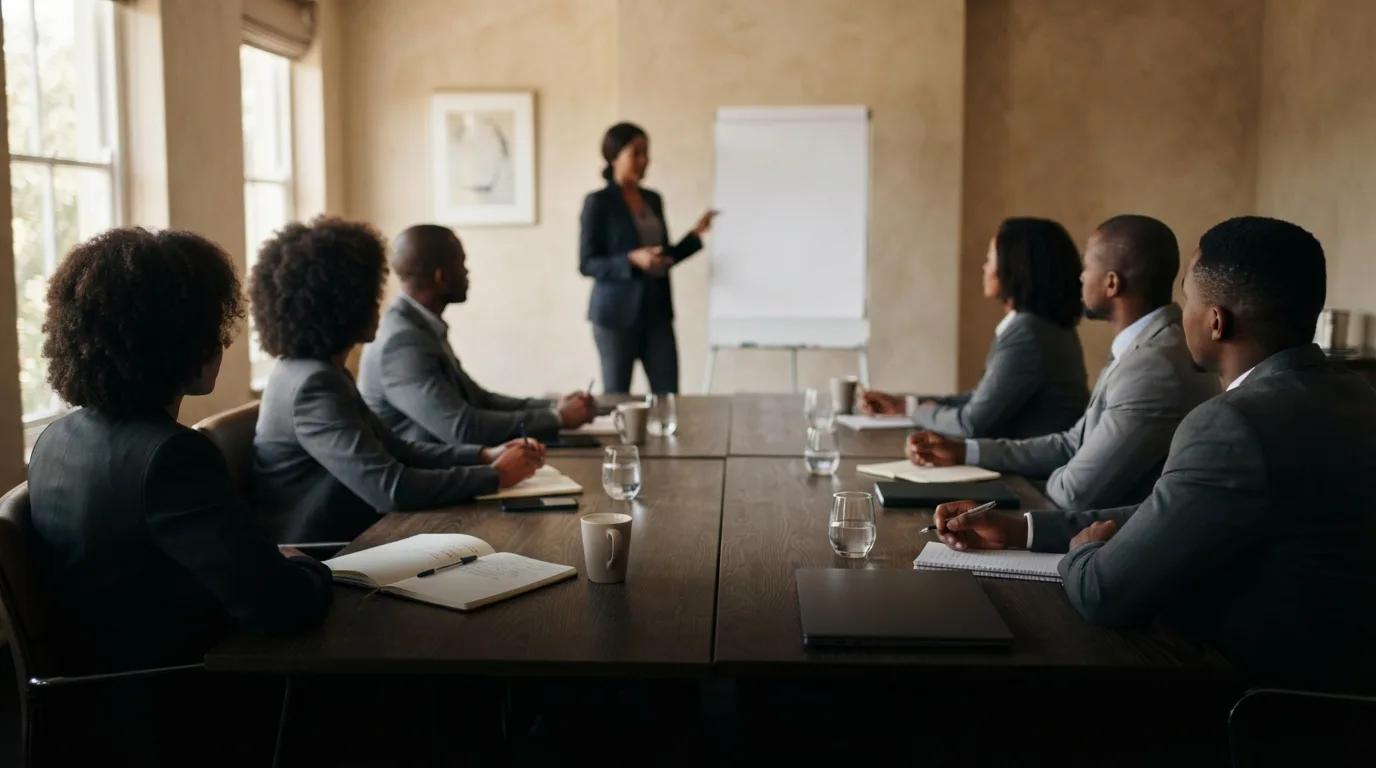 Participants in a corporate training session facing a facilitator at a flipchart