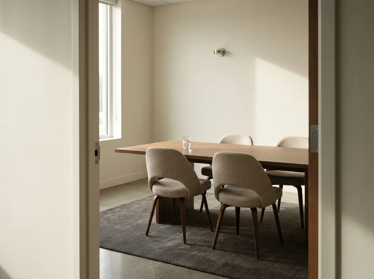 An empty meeting room prepared for a discovery conversation