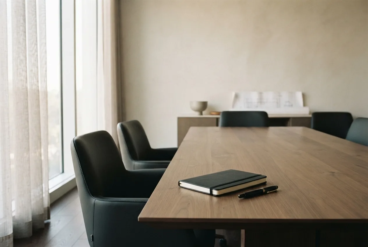 A quiet boardroom set for a confidential executive coaching conversation