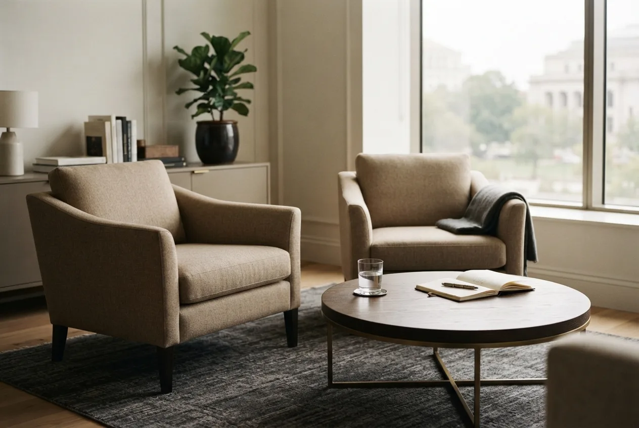 Two armchairs beside a window arranged for a private coaching conversation
